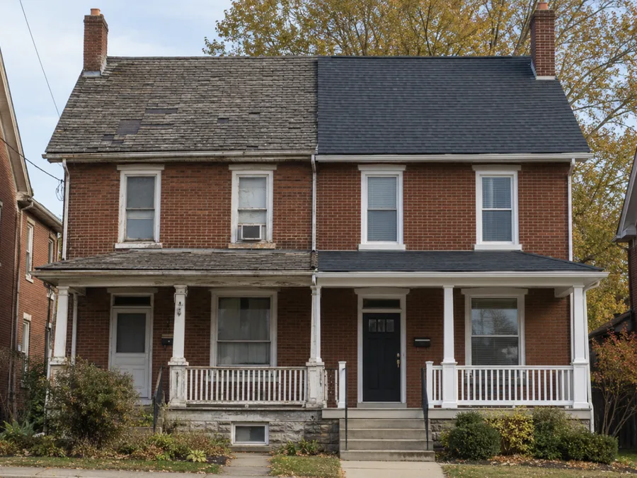 An old, worn twin-home roof next to the newer roof on the other half