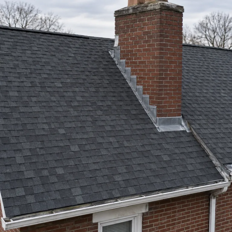 Tall brick chimney on the shared roofline of a twin home, with metal flashing at its base