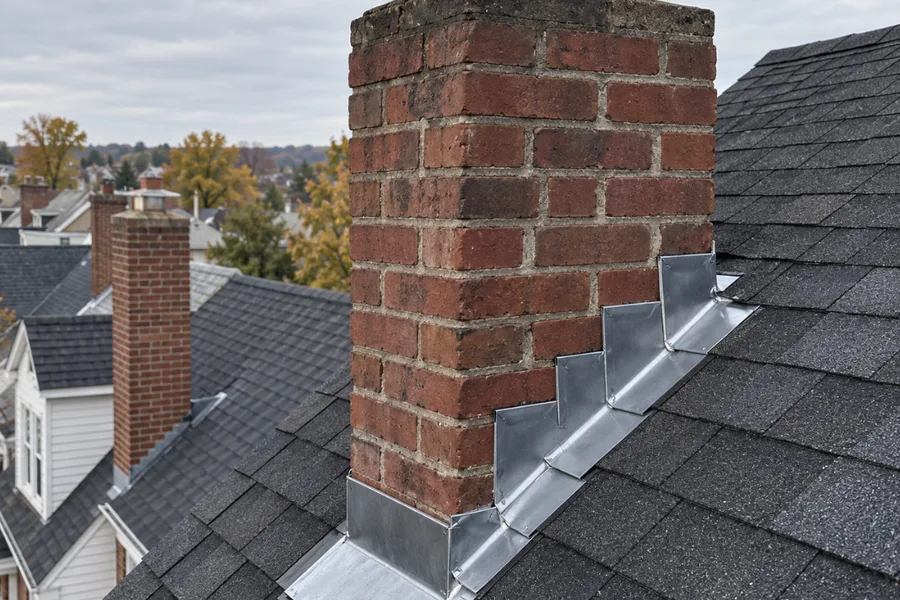 New flashing around a tall brick chimney on a steep shingle roof