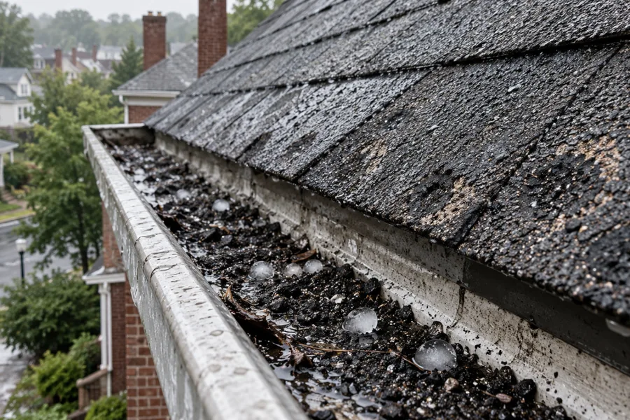 Shingle granules washed into a gutter below hail-bruised shingles