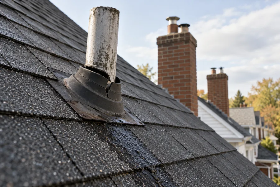 Cracked rubber pipe boot on a plumbing vent on a steep shingle roof