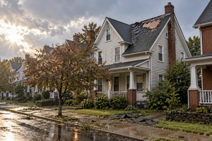 Twin home with wind-torn shingles near the ridge and pieces on the sidewalk